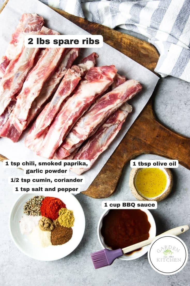 ingredients for air fryer ribs with labels.