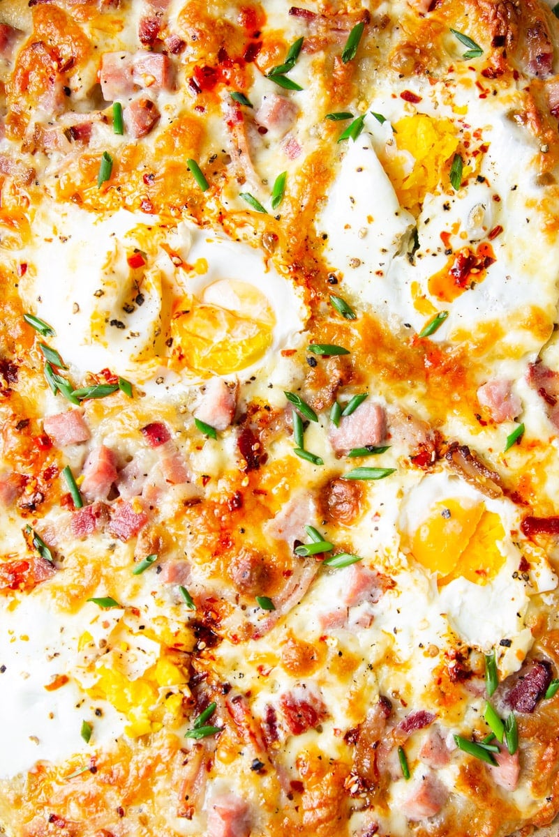 Ham egg and cheese breakfast pizza.