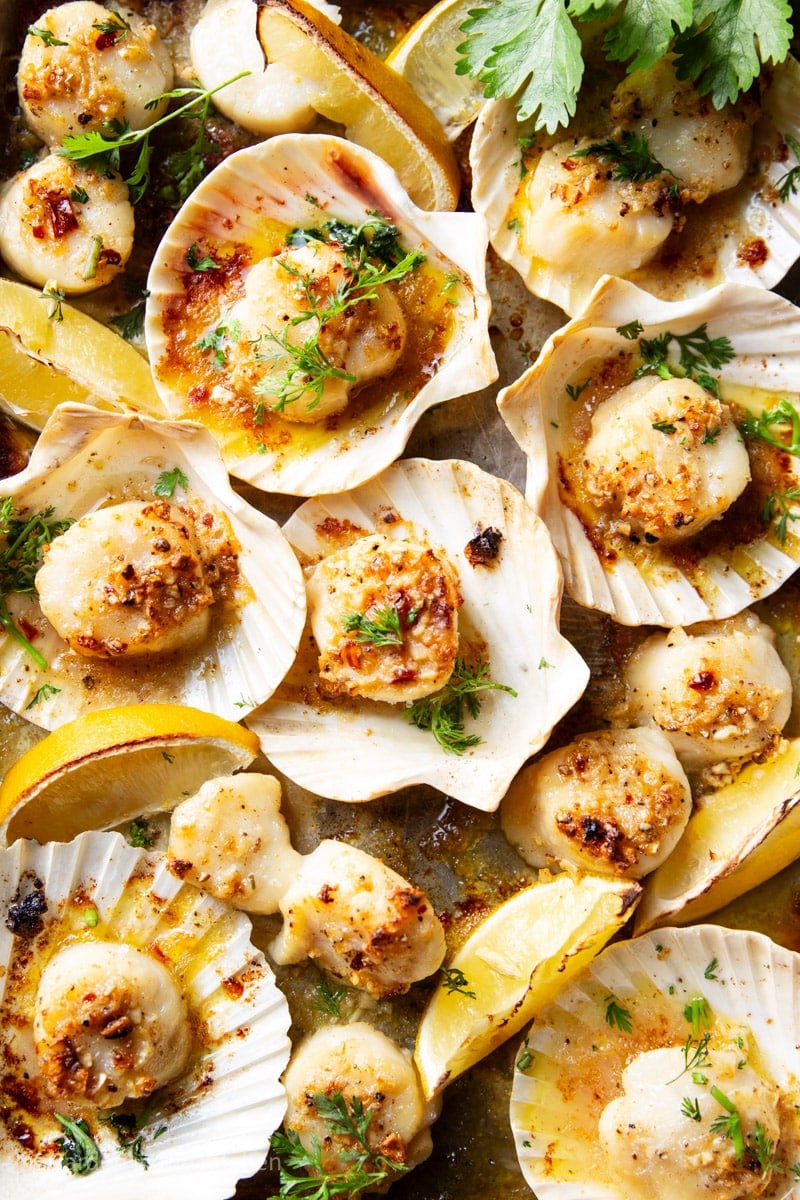 Sheet pan garlic butter scallops baked in sea shells. 