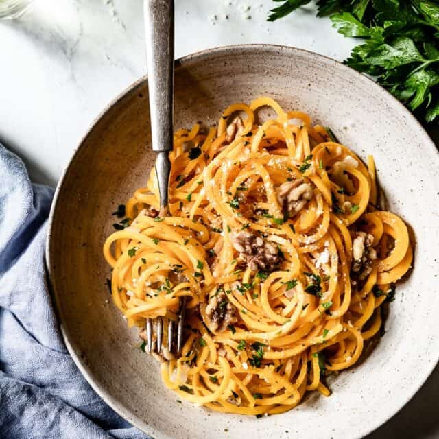 butternut squash noodles with mushrooms and parsley.