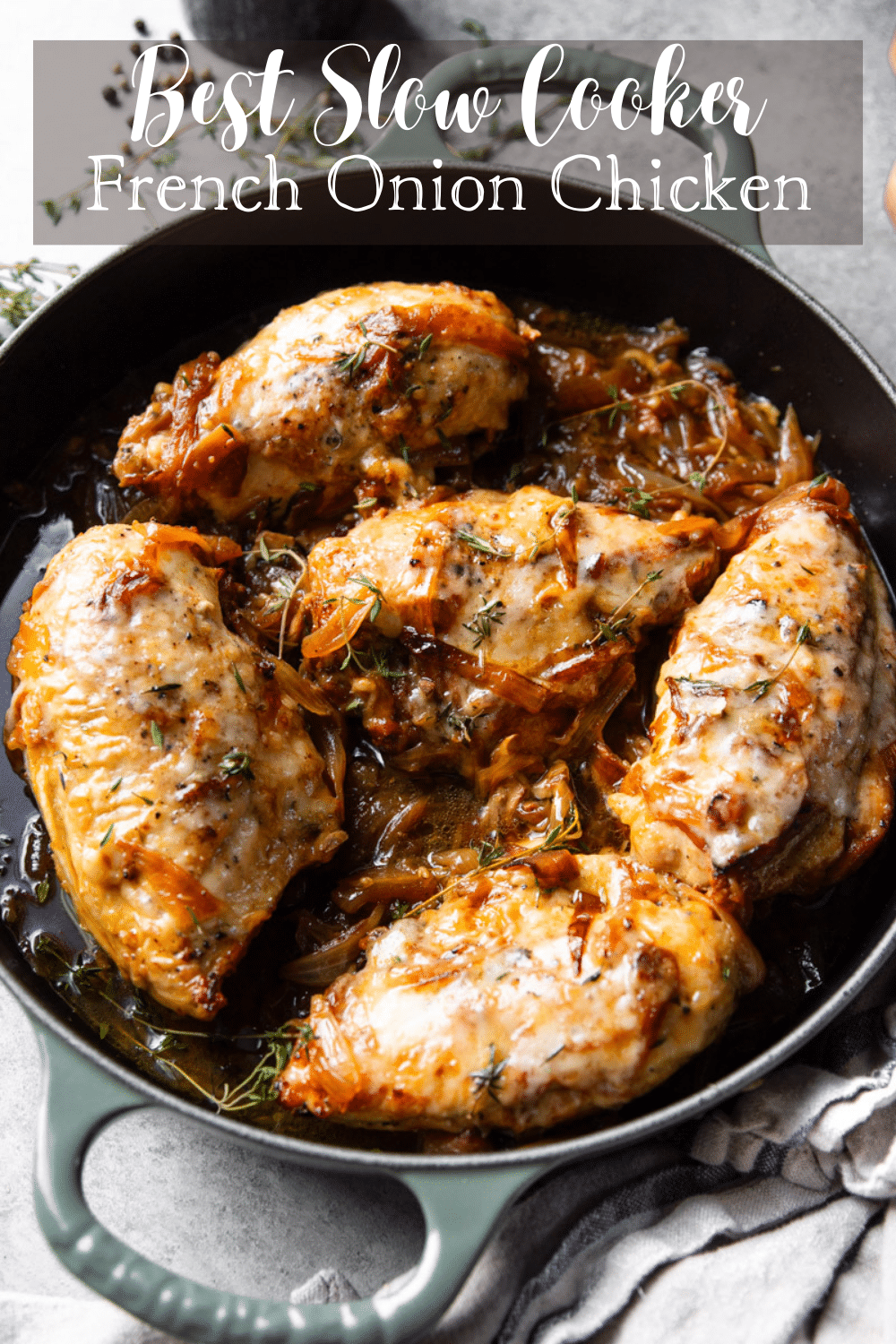 Slow cooked French onion chicken in a dutch oven