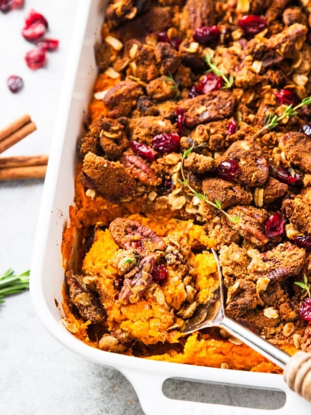 Healthy Sweet Potato Casserole with Pecan Topping