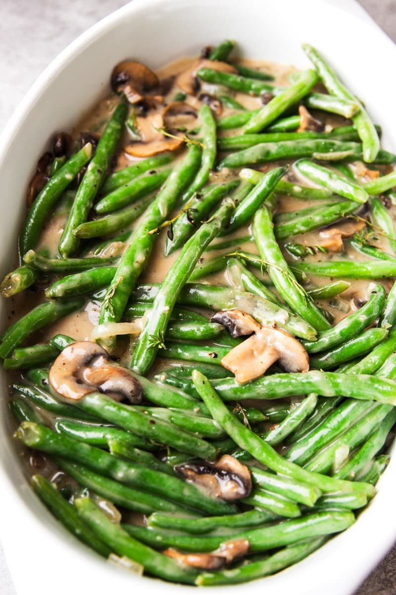 Green beans mixed into cream of mushroom soup. 