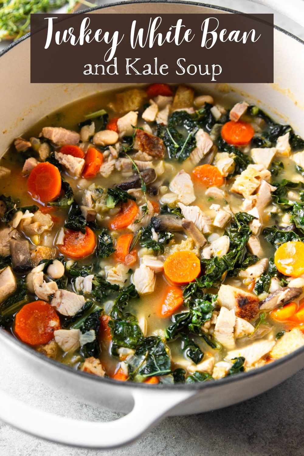 Turkey white bean soup with kale, mushrooms, carrots in a white pot.