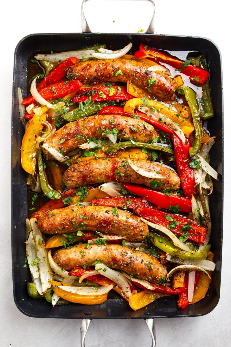 Italian sausage baked with colorful peppers and onions. 