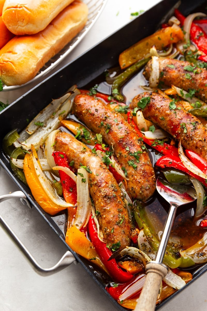 Italian sausage in the oven, baked with peppers and onions. 