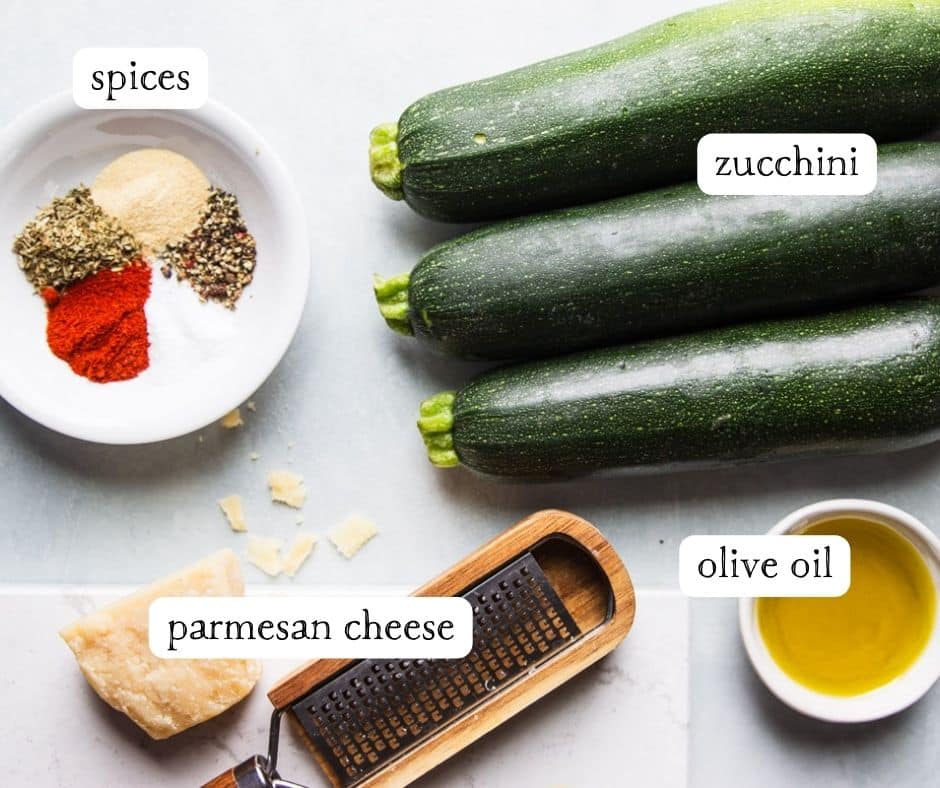 ingredients measured and labeled to make zucchini fries. 