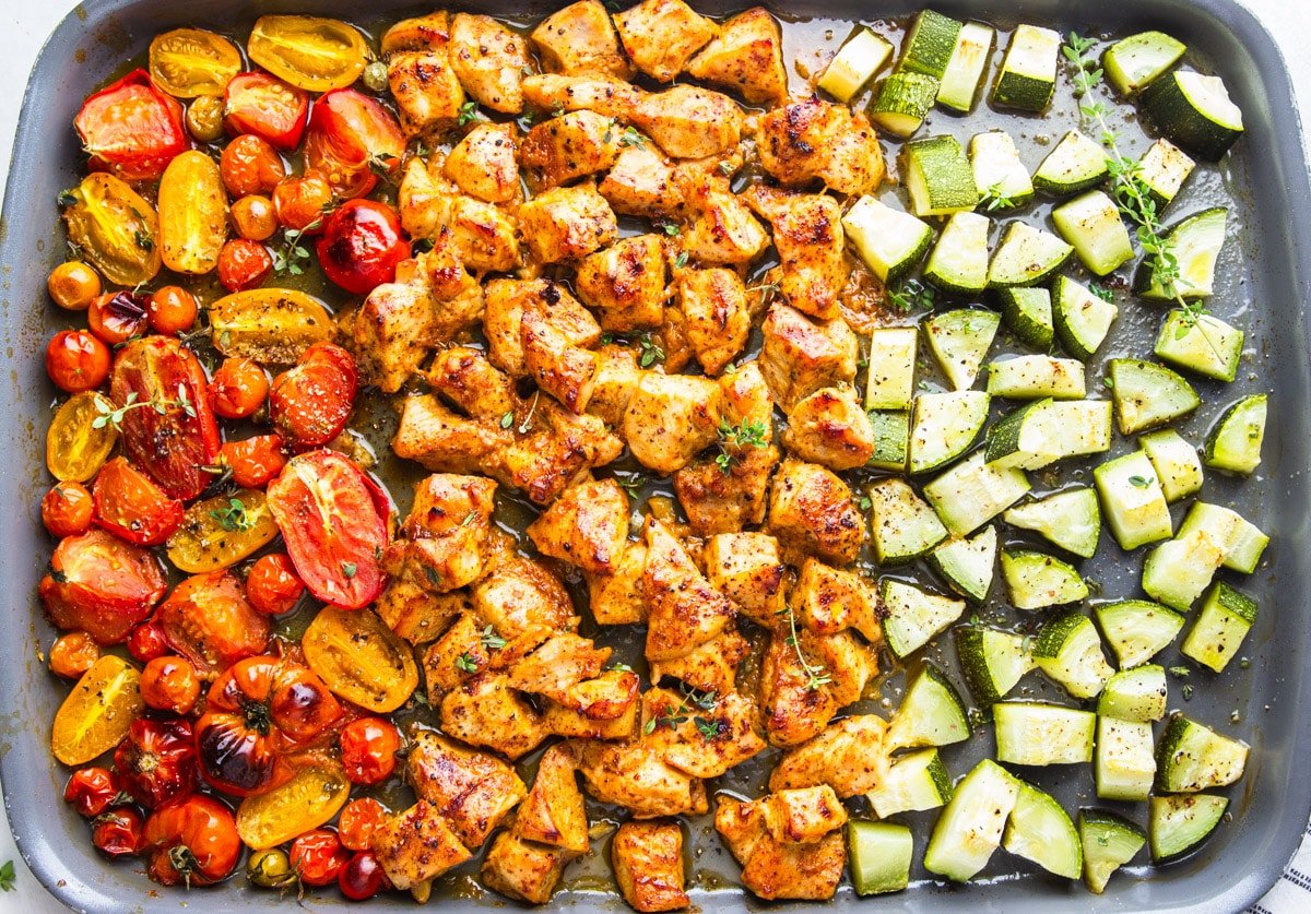 Roasted zucchini and tomatoes with cooked honey mustard chicken on a cookie sheet. 