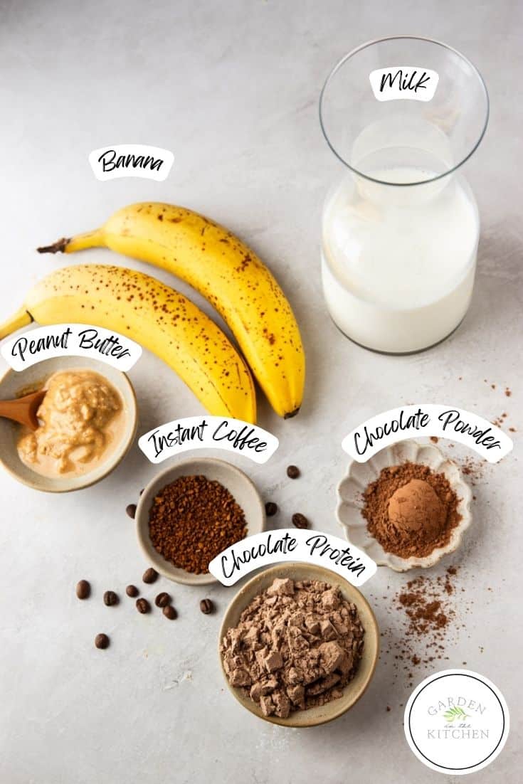 Bananas, milk, peanut butter, instant coffee, chocolate powder, chocolate protein powder, coffee beans.