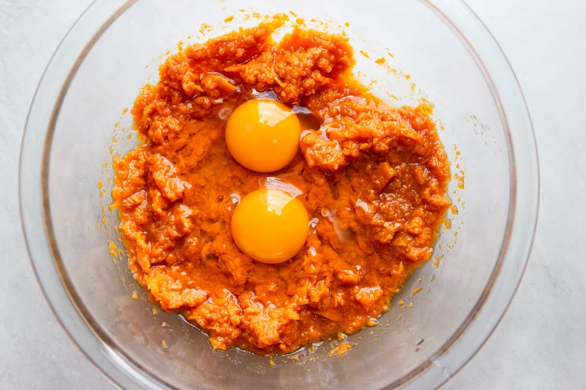 Mashed sweet potato with eggs.