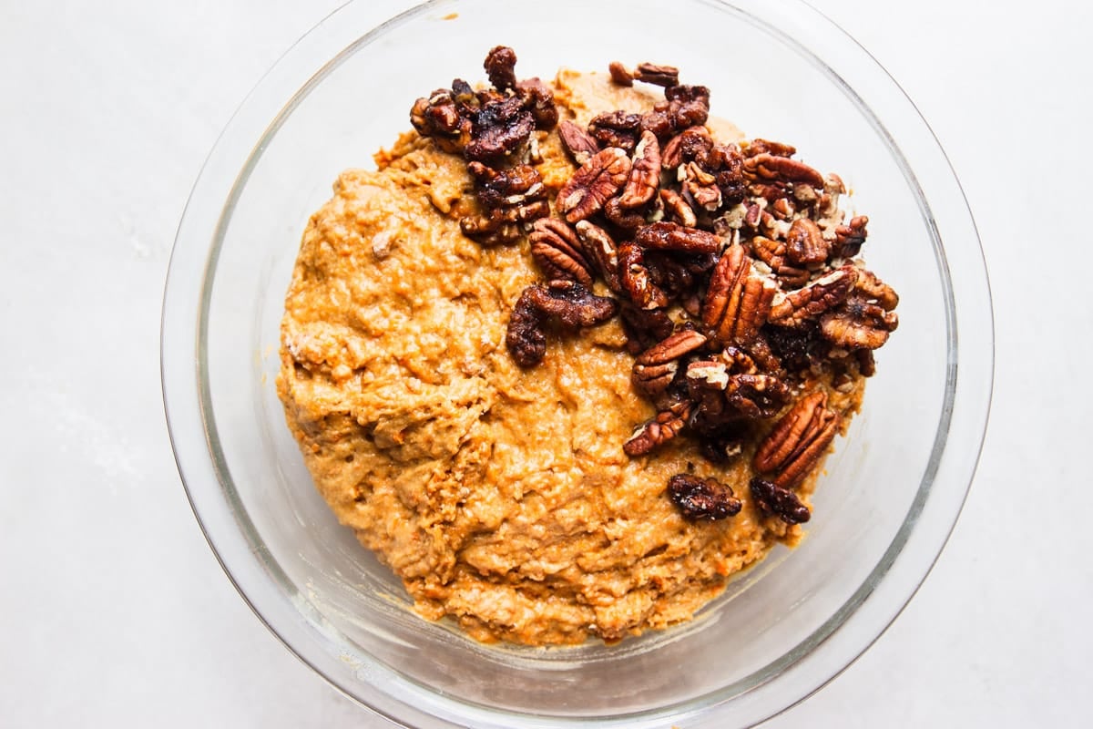 Mashed sweet potato batter with pecans. 