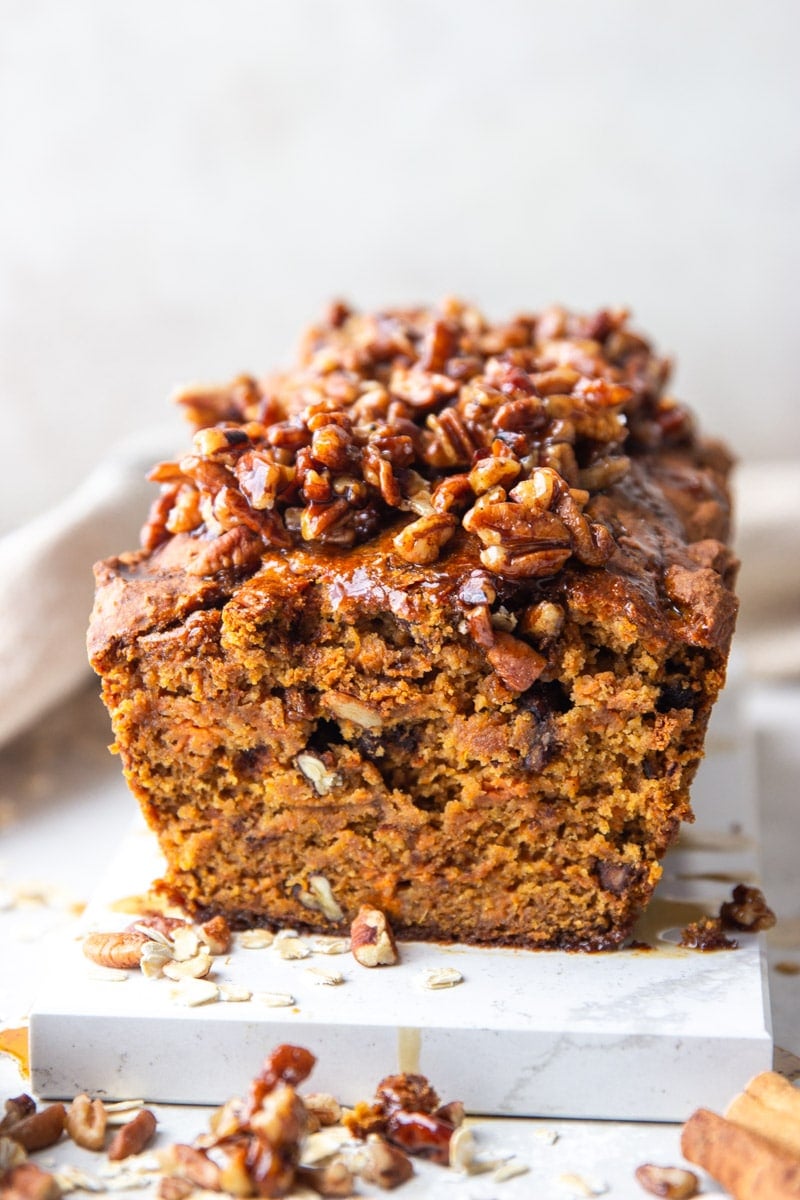 Maple pecan sweet potato bread, pecans, cinnamon stick. 