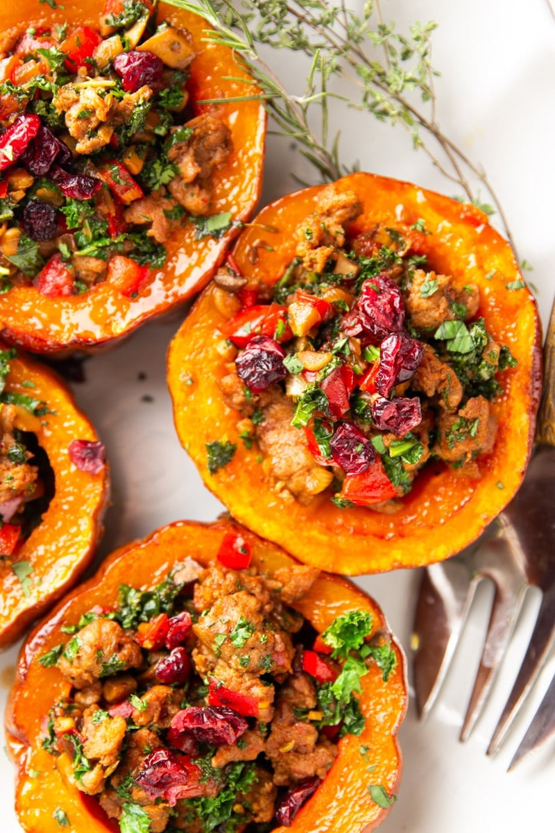 Sausage and kale stuffed koginut squash, and fresh thyme.