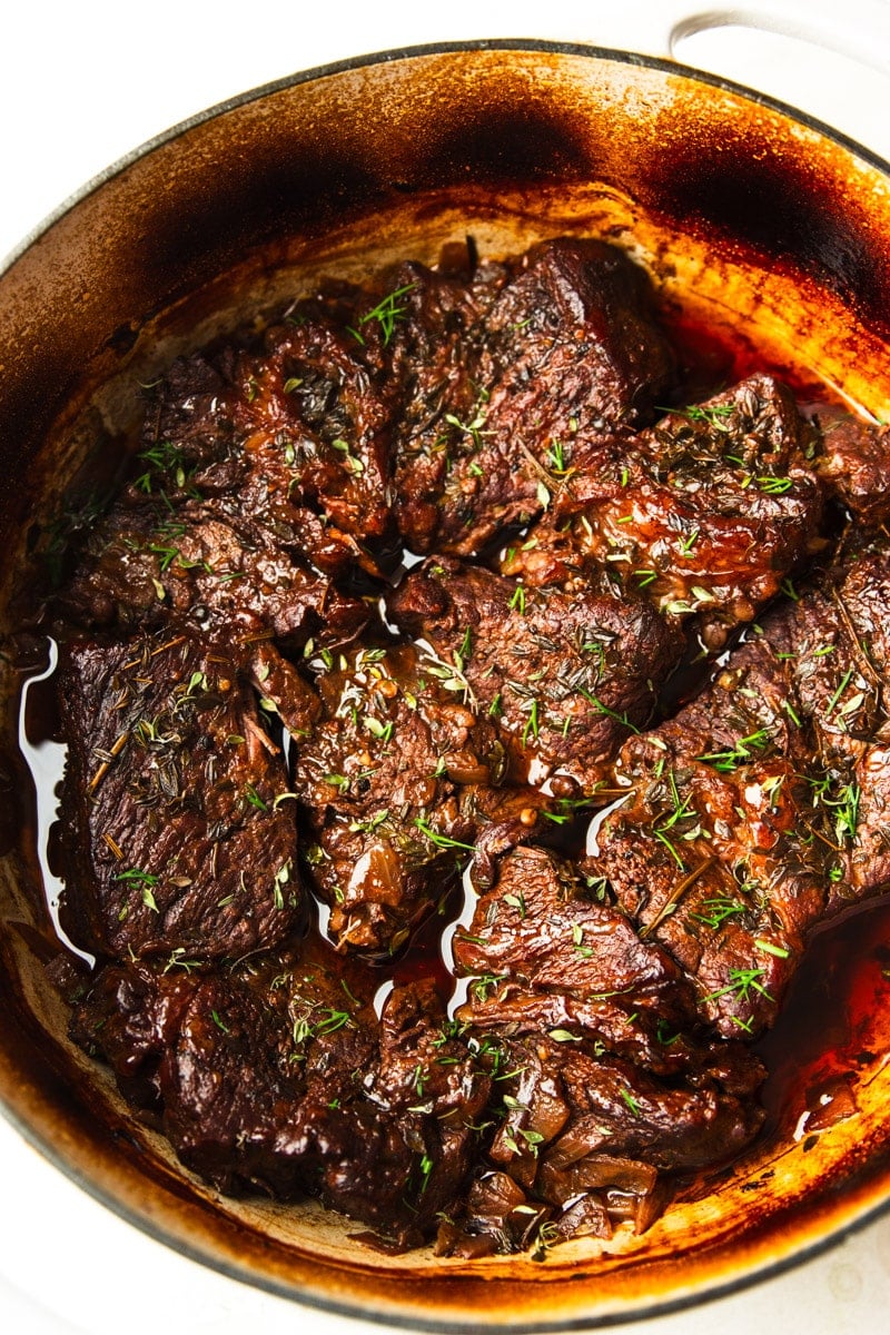 Red wine braised beef in a pot. 