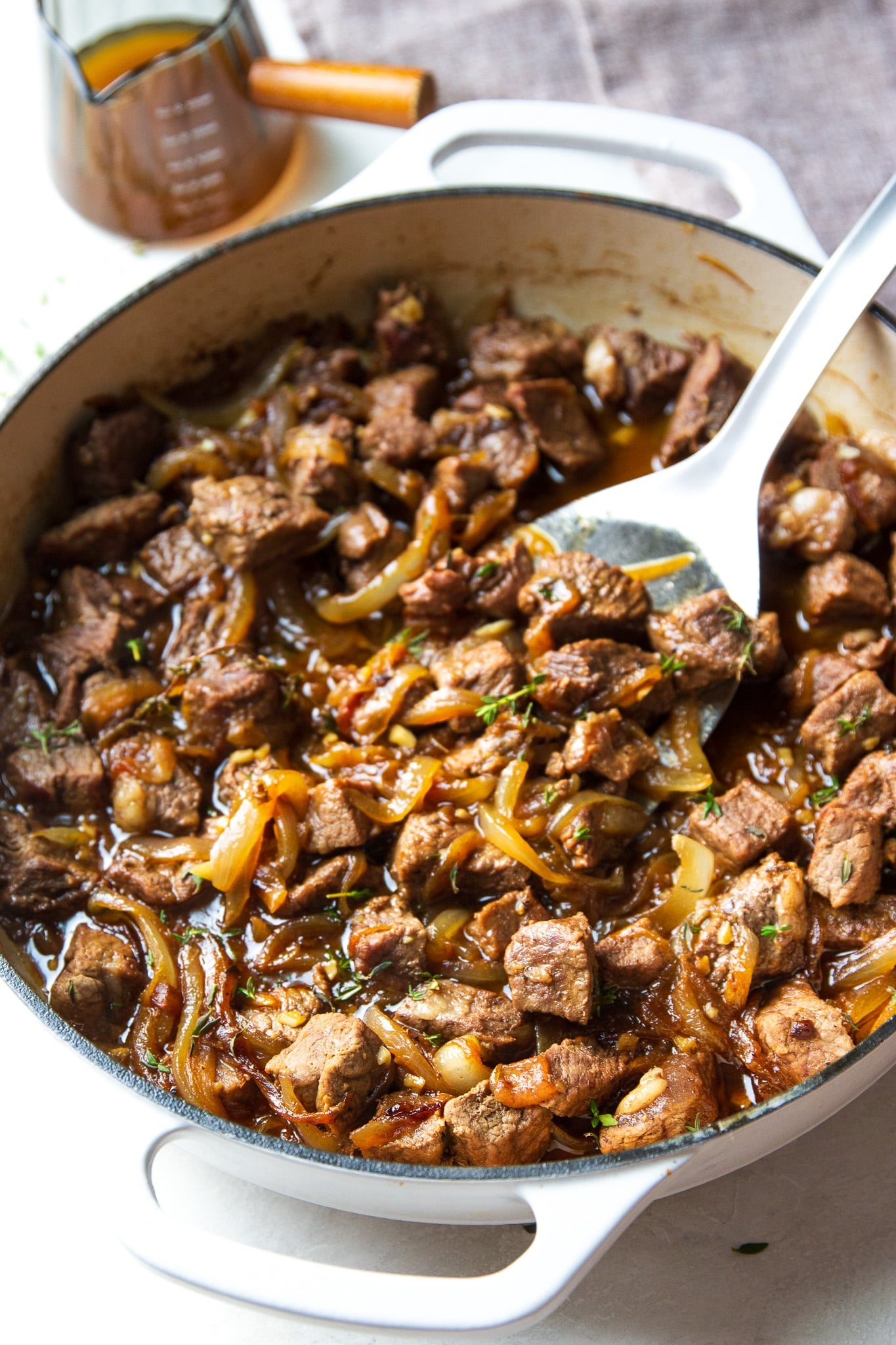 Steak bites with caramelized onions feature juicy ribeye, sweet Vidalia onions, garlic and savory pan juices for an easy, flavor-packed dinner.