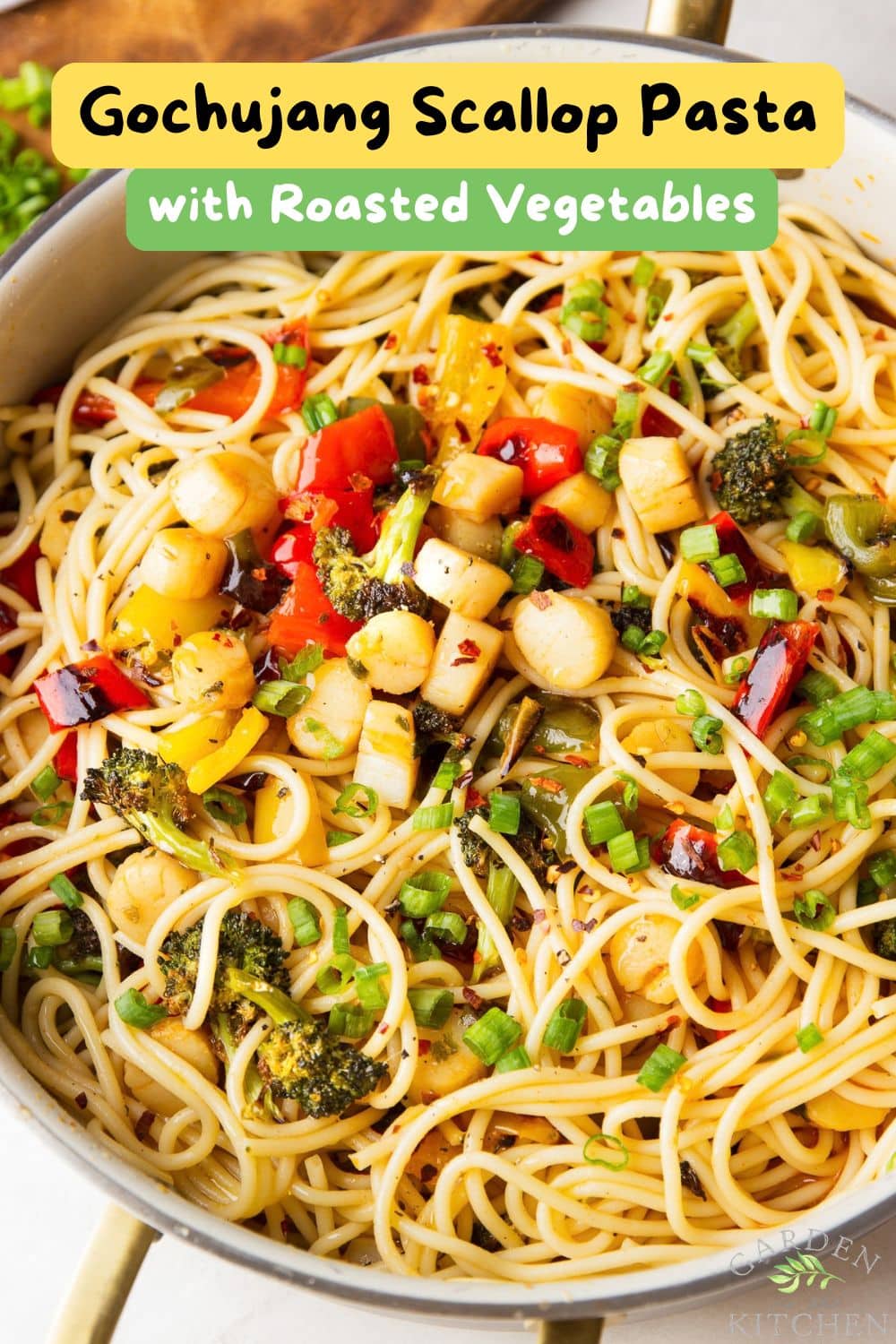 Gochujang scallop pasta combines tender scallops, roasted vegetables and spaghetti in a sweet and spicy butter sauce for an easy 30-minute dinner.