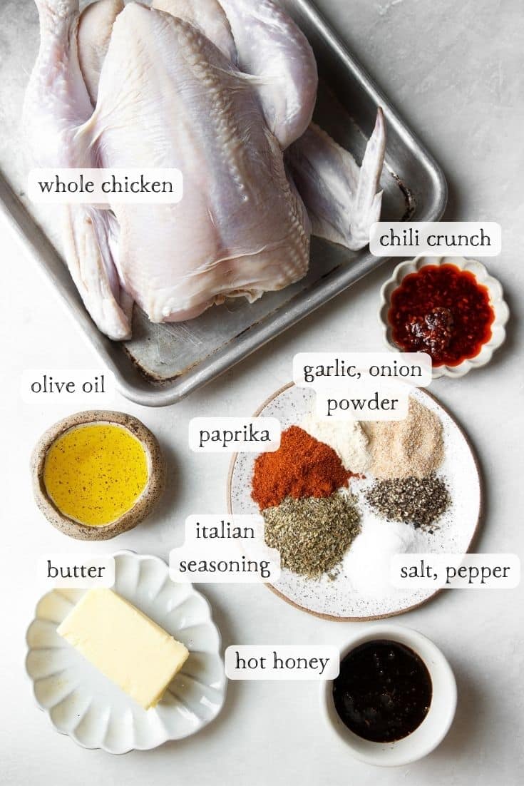 ingredients for roasted chicken with hot honey and chili crunch
