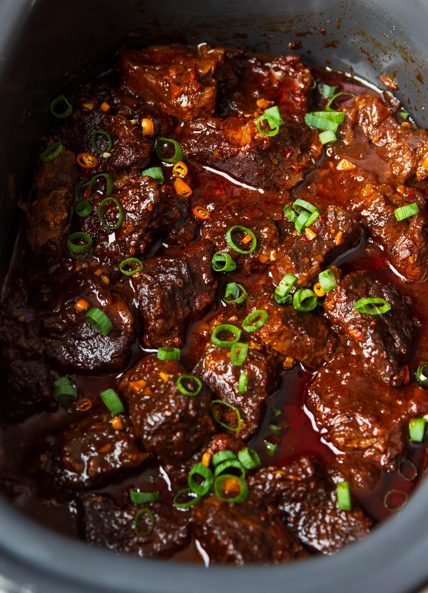 Hot honey chili beef in slow cooker