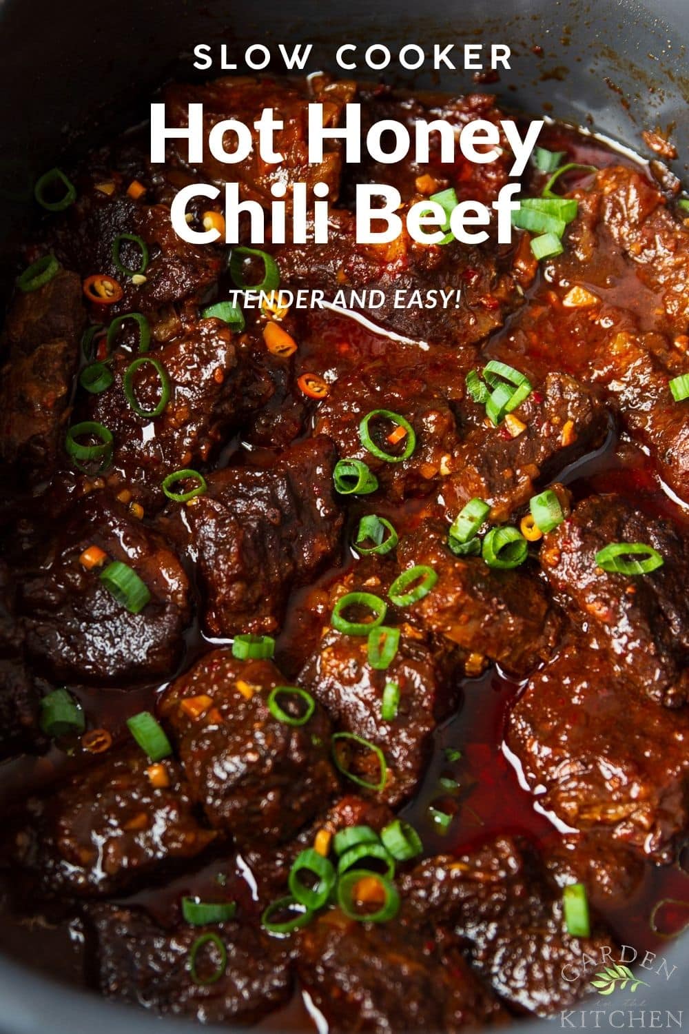 Slow Cooker Hot Honey Chili Beef made with tender beef chuck, chili crunch, garlic, and a rich sweet-spicy sauce. Easy to make and perfect over rice.