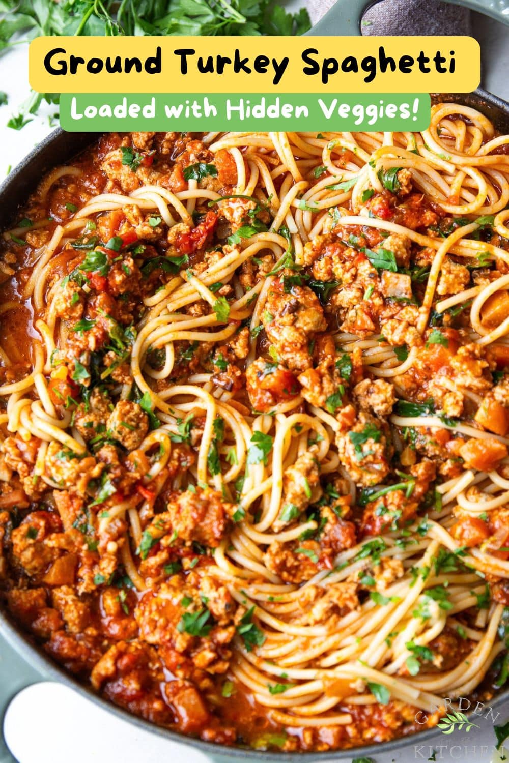 Ground Turkey Spaghetti with a thick, flavorful tomato sauce, ground turkey and hidden veggies. An easy, family-friendly weeknight dinner!