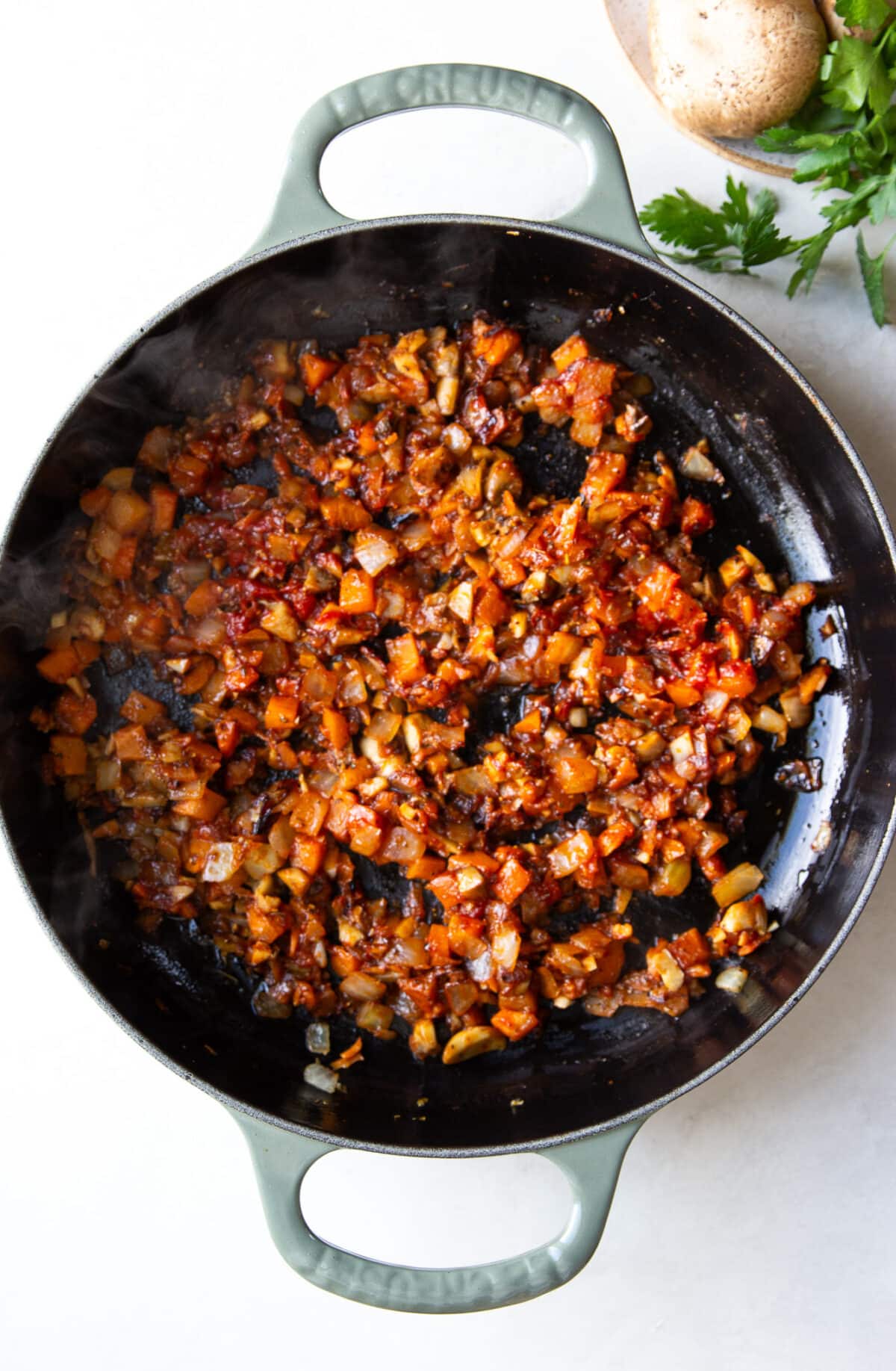 veggies sautéing in skillet