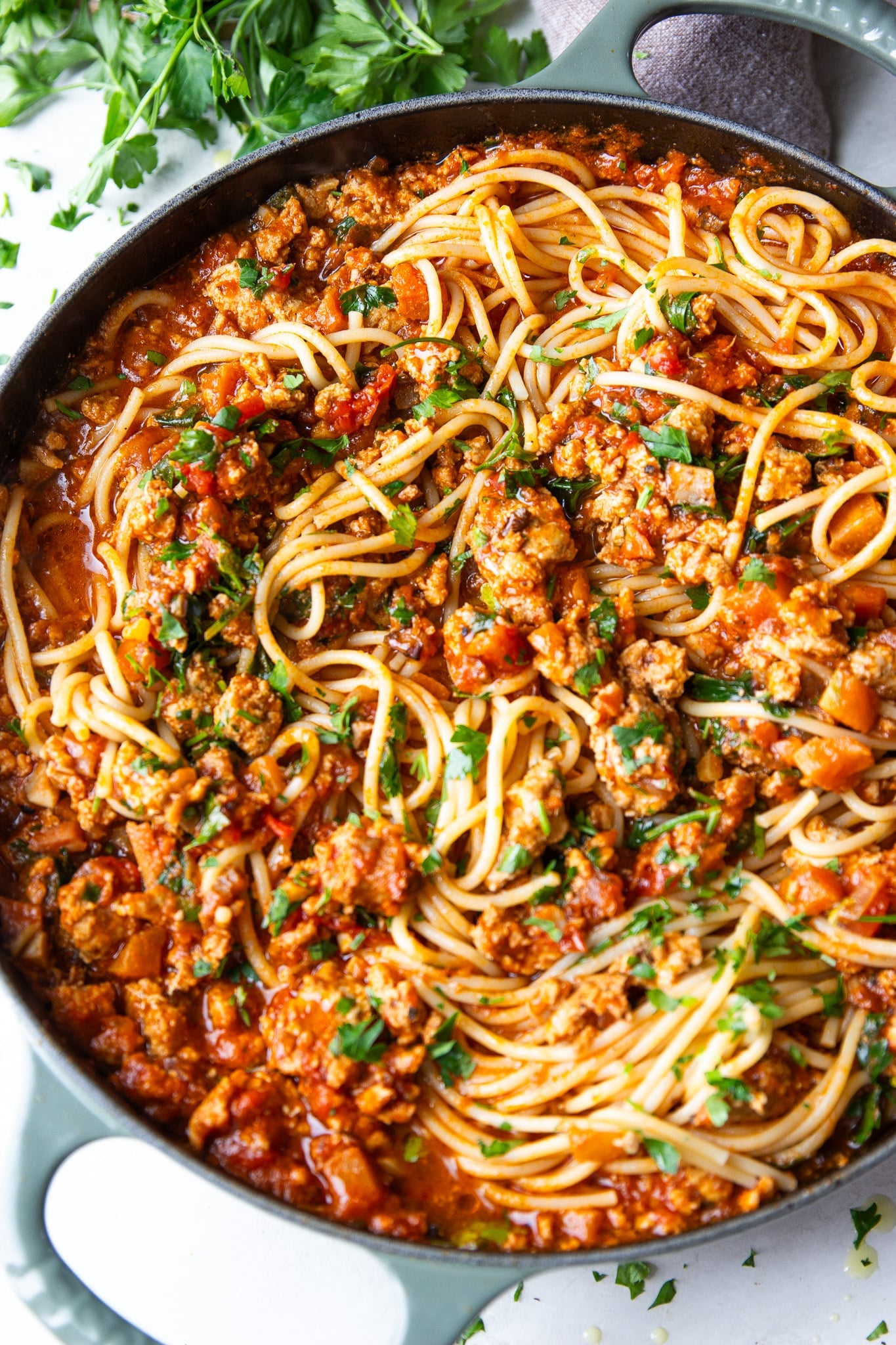 Ground Turkey Spaghetti with a thick, flavorful tomato sauce, ground turkey and hidden veggies. An easy, family-friendly weeknight dinner!